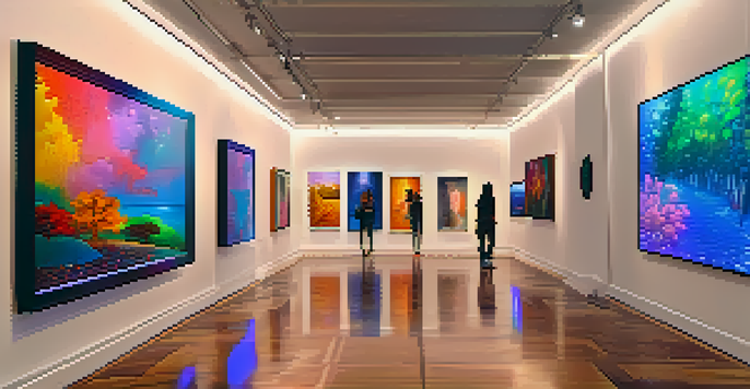 A colorful digital art gallery displaying various styles of NFT artworks including pixel art and 3D animations.