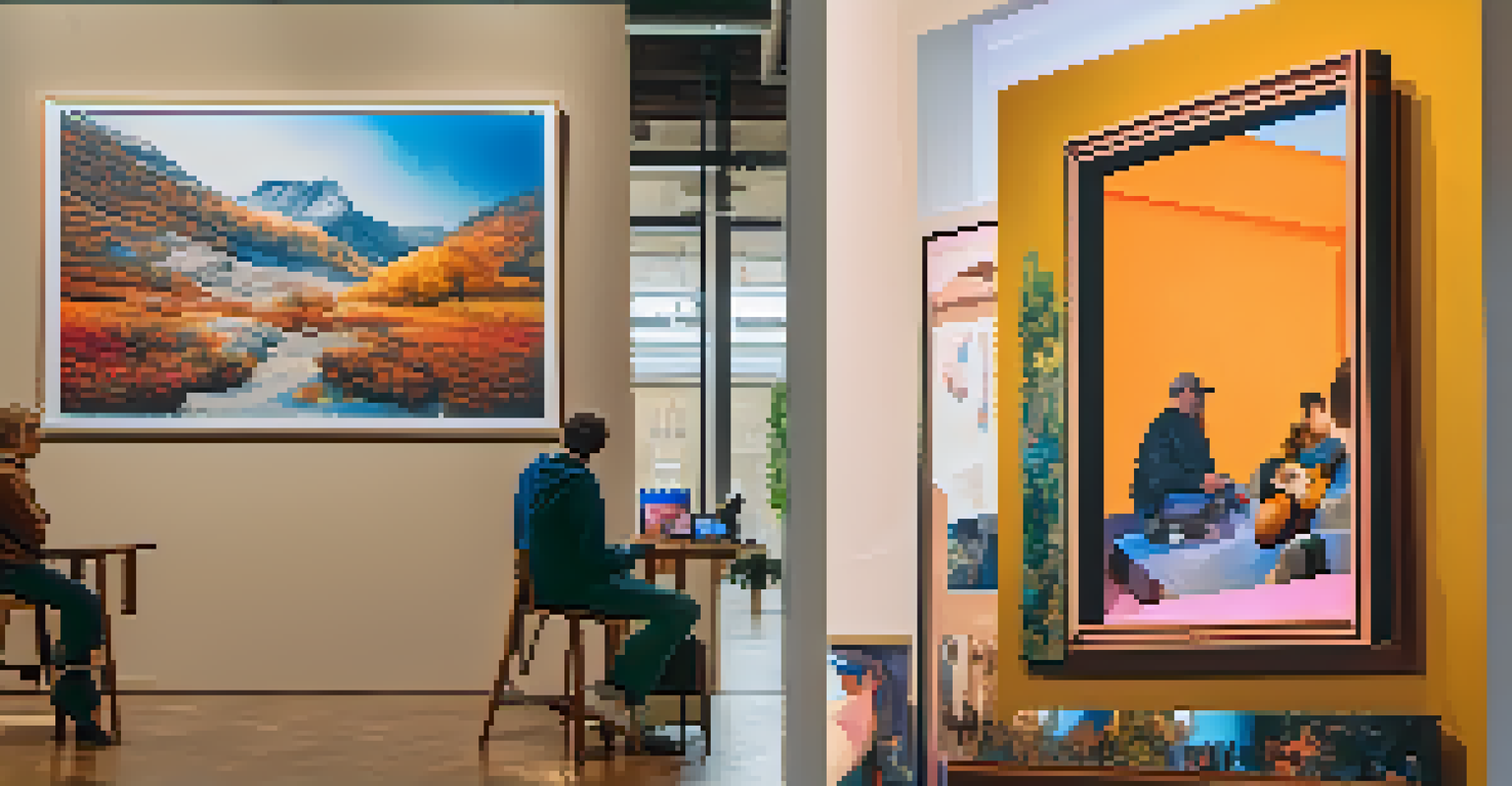 A split image showing a traditional photography gallery on one side and a digital NFT platform on the other, highlighting the contrast.