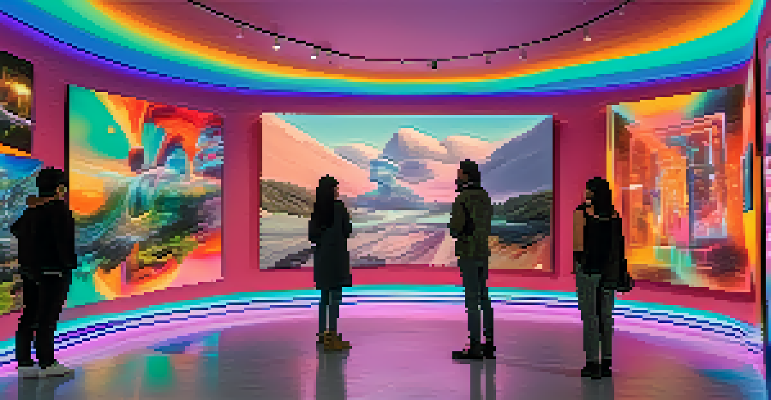 A modern virtual gallery featuring NFT artworks displayed in holographic formats, with visitors wearing augmented reality glasses.