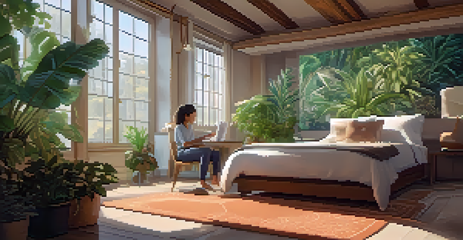A person in a cozy room interacting with a glowing virtual AI companion displayed on a screen.