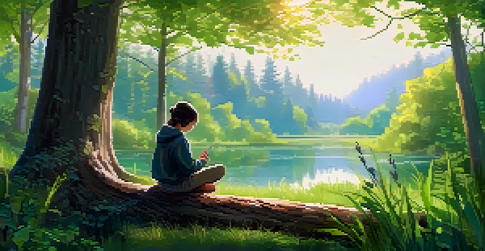 A person sketching on a digital tablet while sitting on a log in a vibrant forest, with sunlight filtering through the leaves.