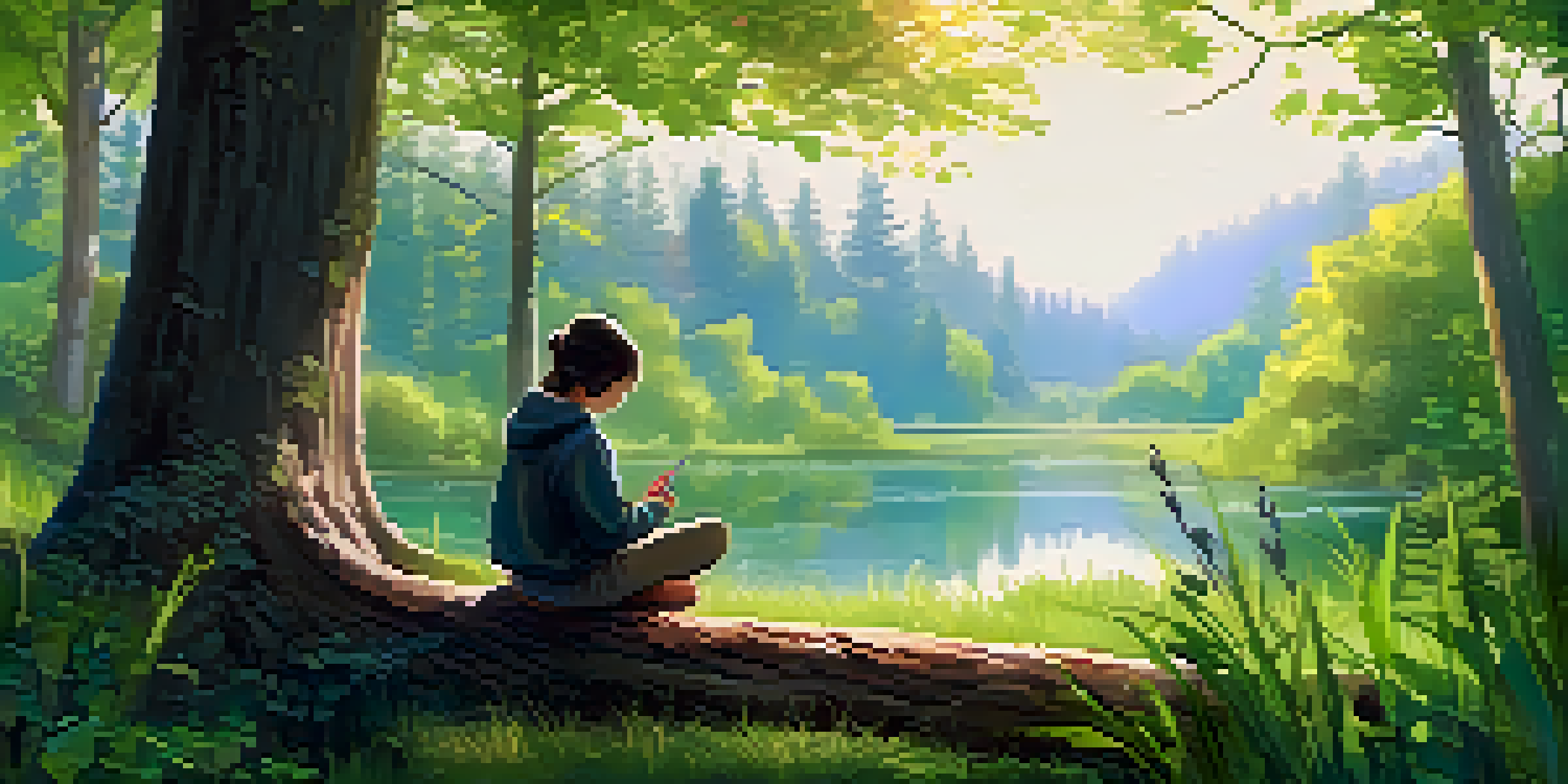 A person sketching on a digital tablet while sitting on a log in a vibrant forest, with sunlight filtering through the leaves.