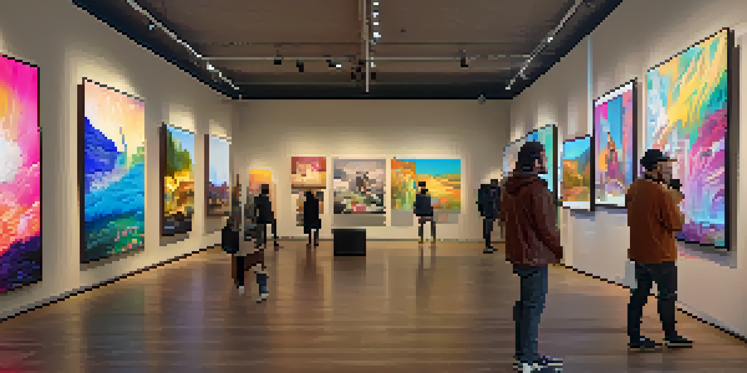 A digital art gallery featuring traditional paintings and NFTs, with visitors interacting and discussing artworks.
