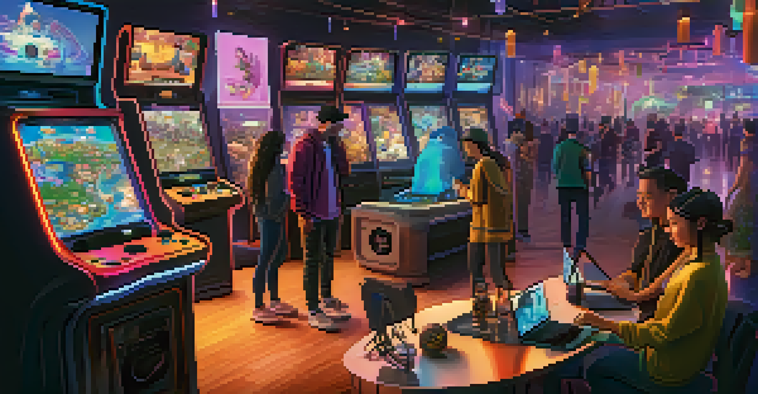 A colorful gaming environment where players showcase unique in-game items as NFTs, engaged in dynamic poses within a fantastical setting.