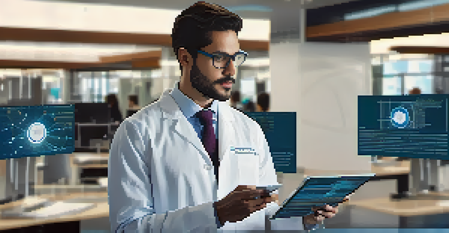 A researcher analyzing a dataset on a tablet, with smart contracts displayed in the background.