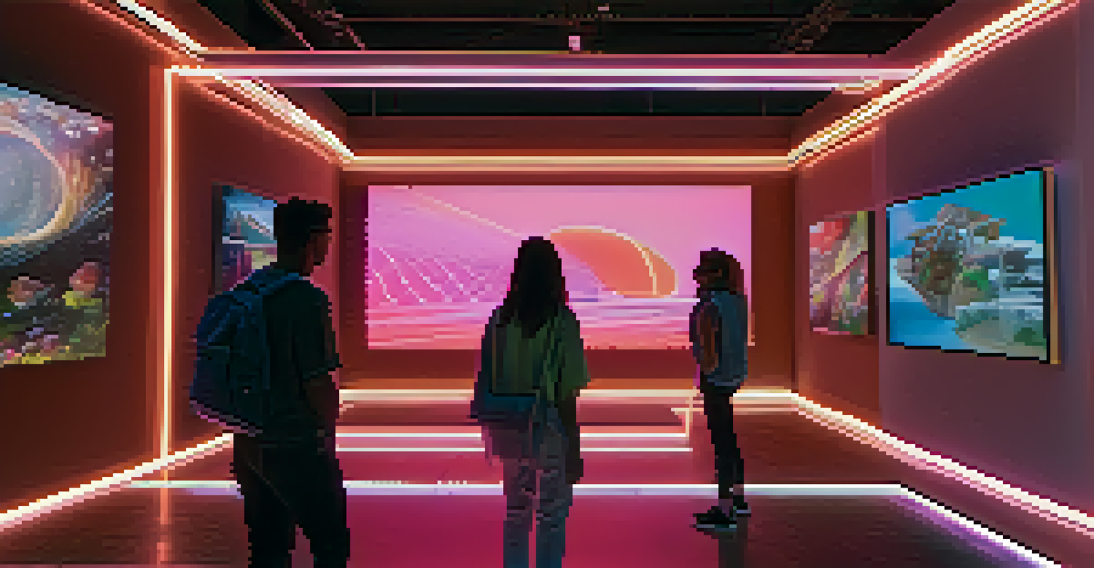 A futuristic virtual gallery with glowing neon lights and people exploring holographic digital art.