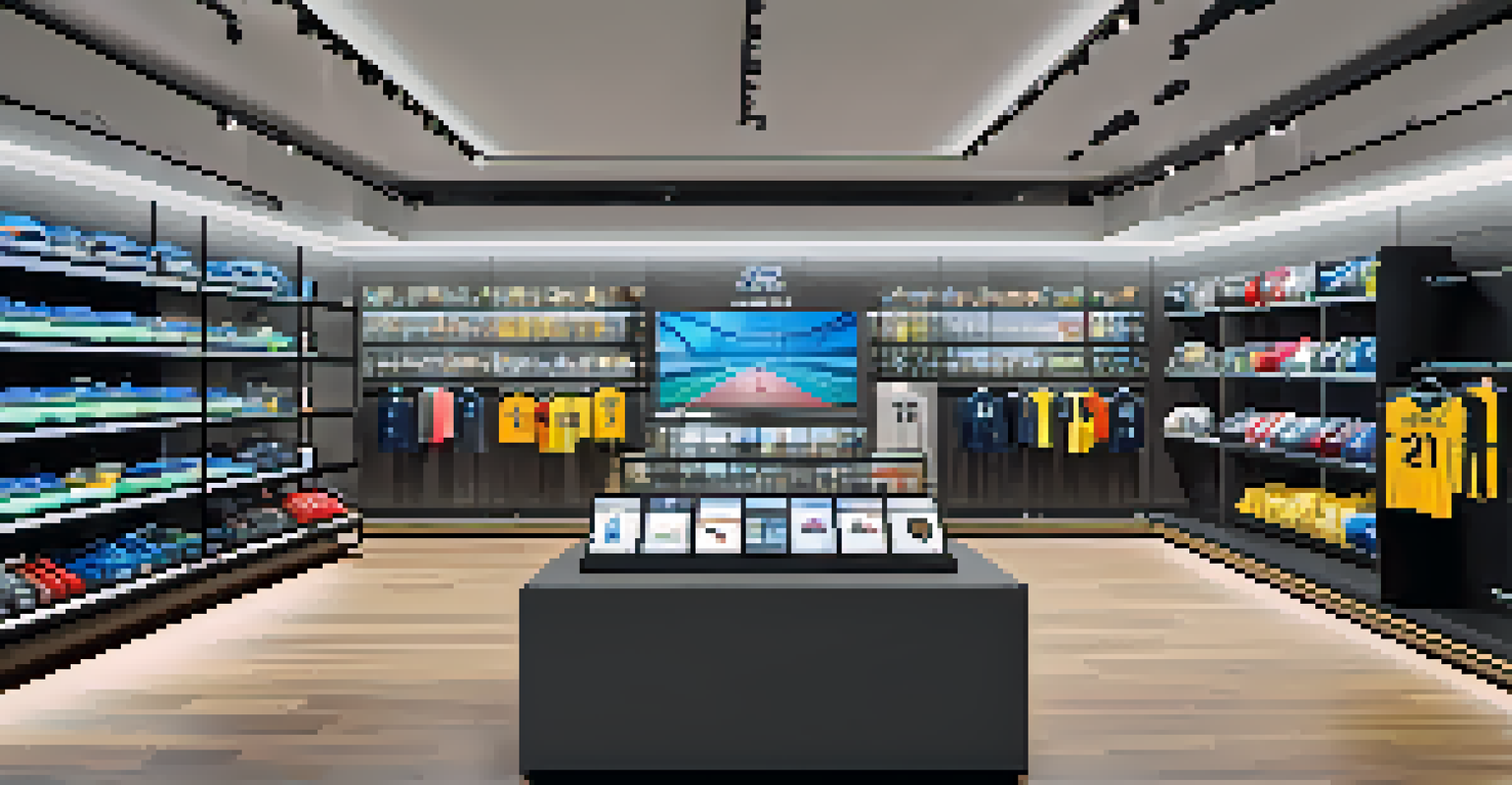 A modern sports merchandise store with NFT digital screens displaying exclusive highlights and collectibles.