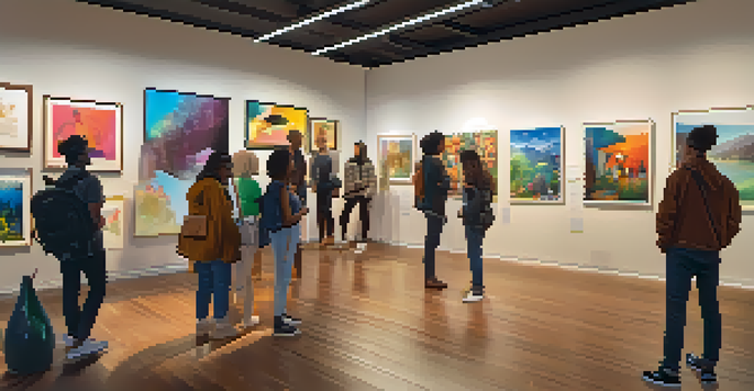 A digital art gallery filled with diverse NFT artworks, featuring people discussing and connecting over the pieces.