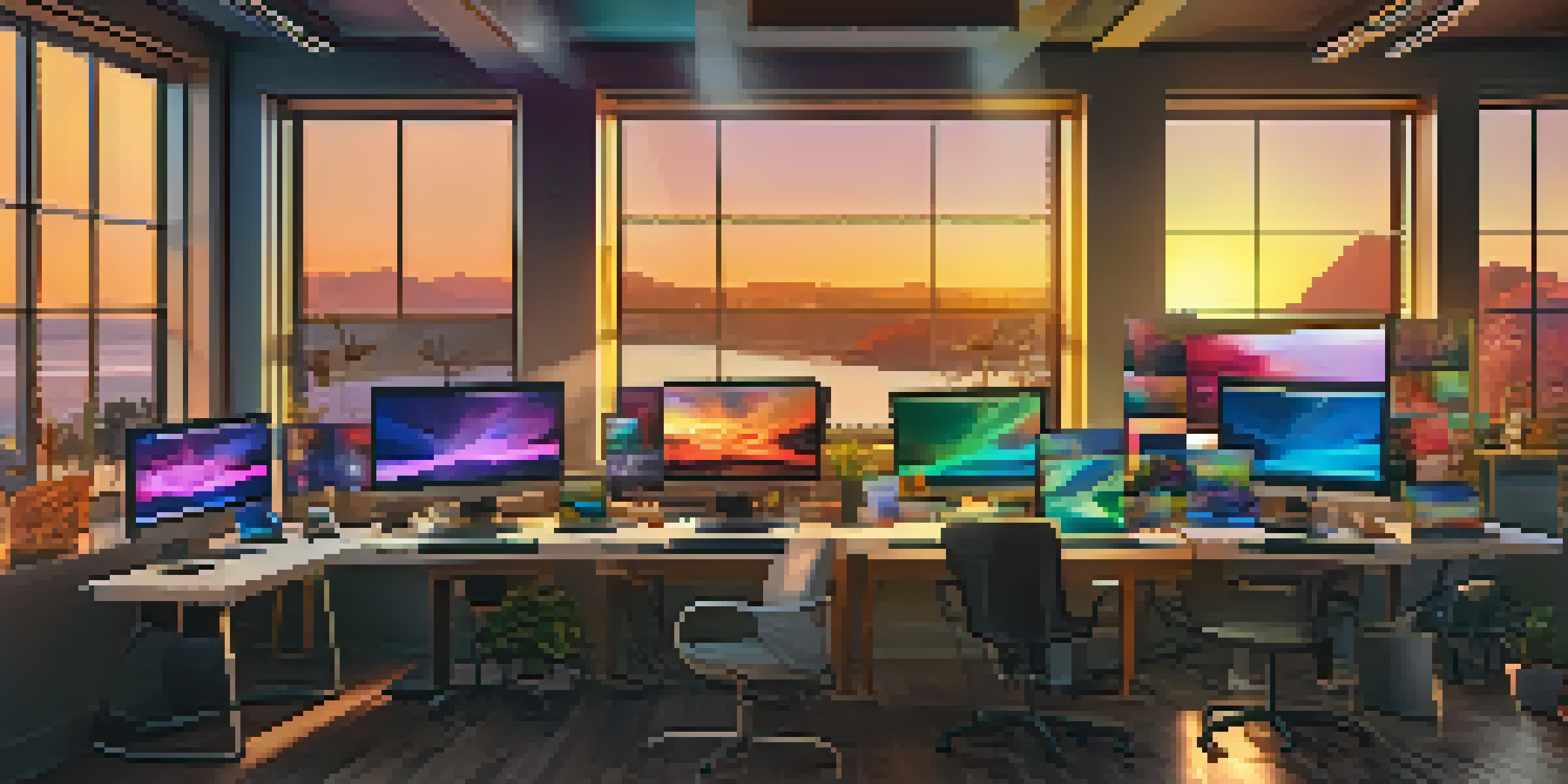 A digital art studio with colorful canvases on monitors and a sunset view from the window.