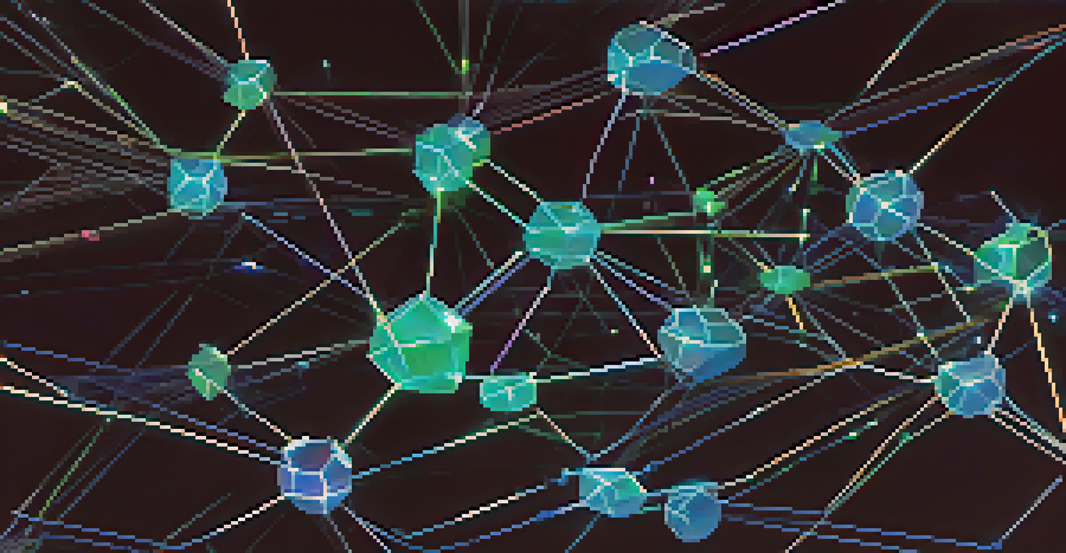 A visualization of a blockchain network with interconnected nodes glowing in blue and green, representing the concept of NFTs and digital ownership.
