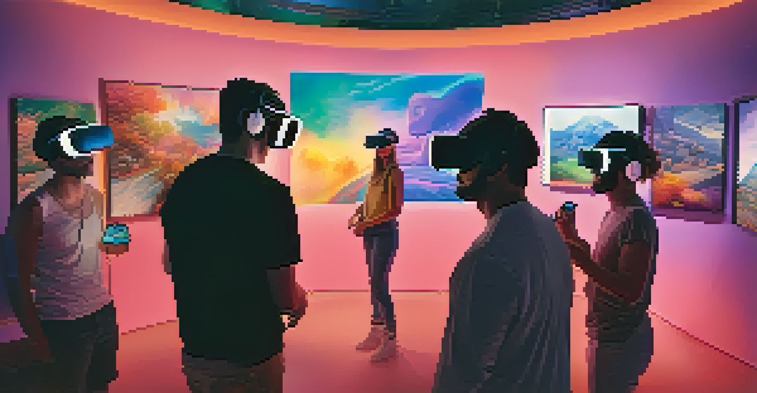 A group of friends in a virtual reality space exploring a digital art gallery, surrounded by 3D art pieces.