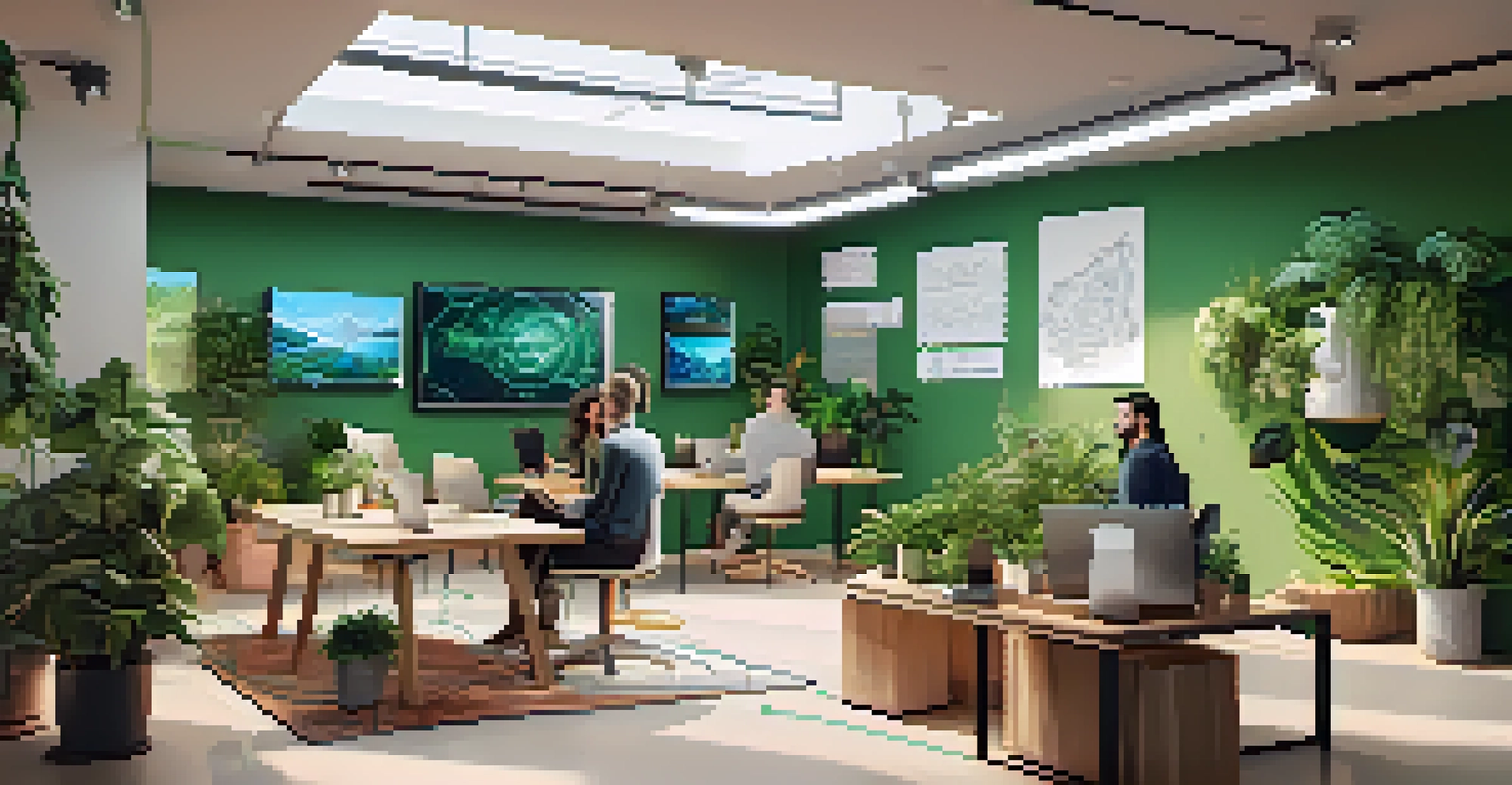 A group of artists and developers in a bright workspace discussing eco-friendly blockchain solutions for NFTs.