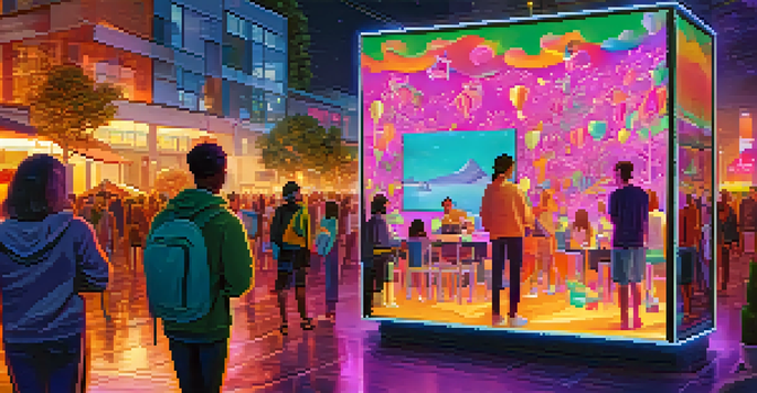 A colorful digital art scene depicting a charity NFT campaign with people interacting and digital screens showcasing NFTs.