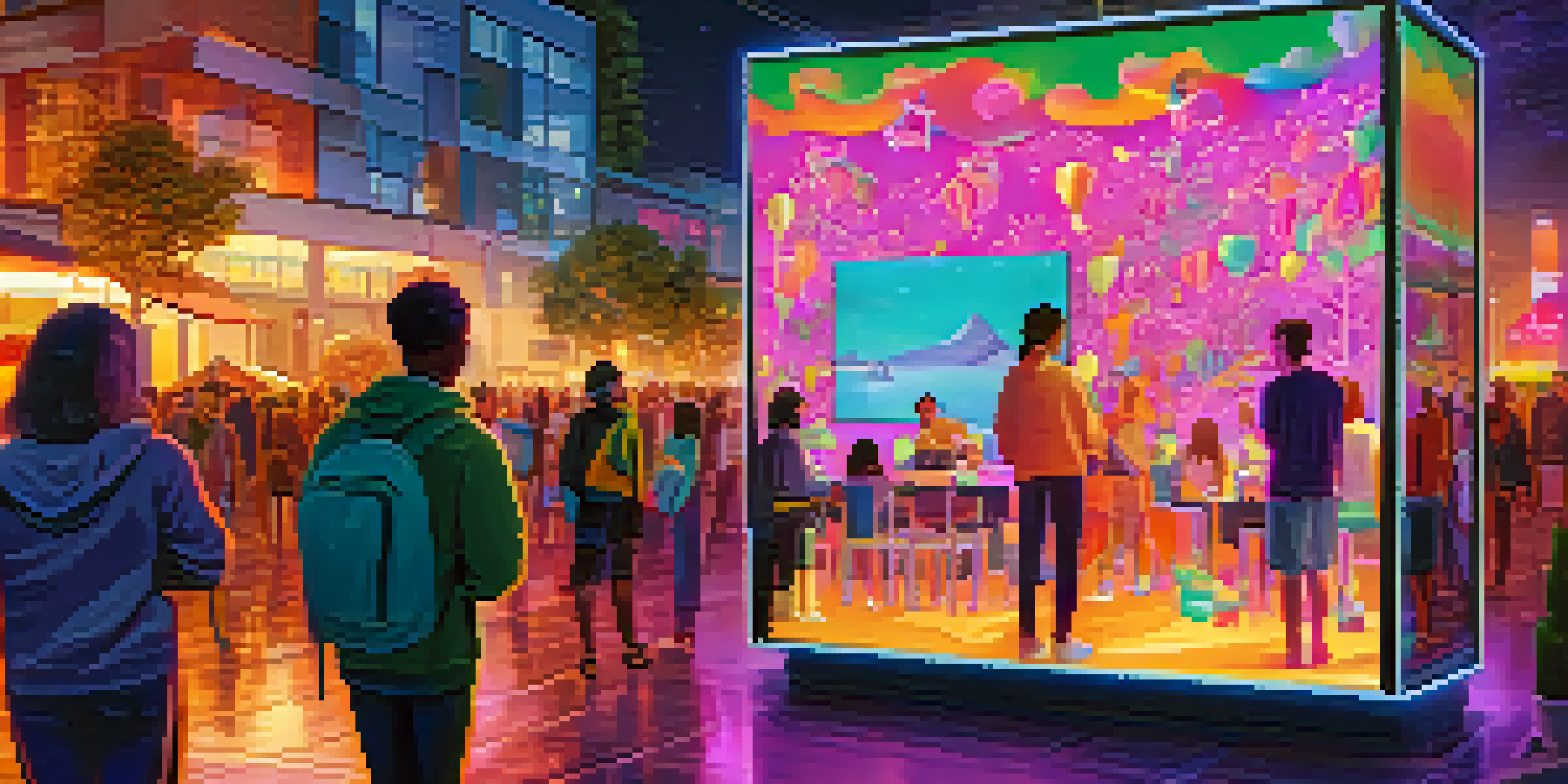 A colorful digital art scene depicting a charity NFT campaign with people interacting and digital screens showcasing NFTs.