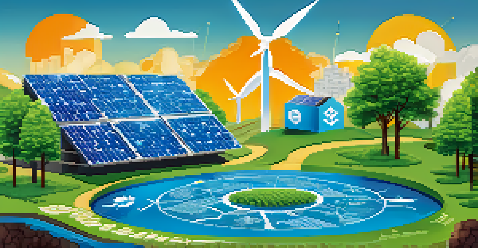 An infographic illustrating eco-friendly blockchain technology with symbols of sustainability like solar panels and trees against a blue sky.
