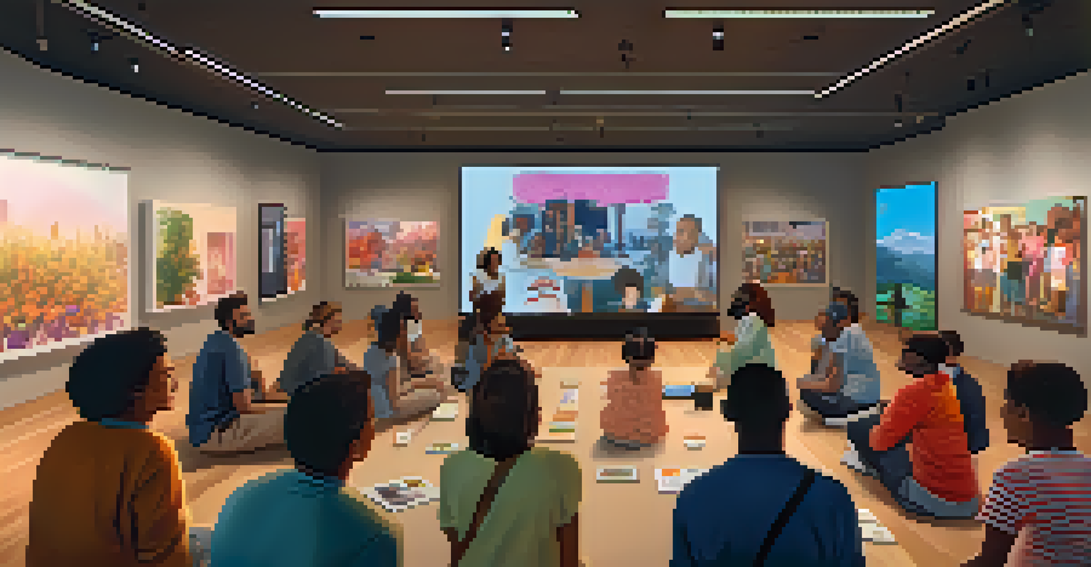 A virtual art gallery filled with diverse people discussing user-generated artworks, illuminated by warm lighting.