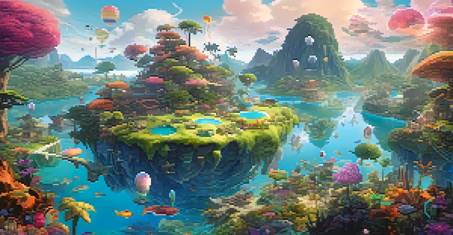 A colorful digital landscape with unique creatures interacting with users, featuring floating islands and vibrant plants.