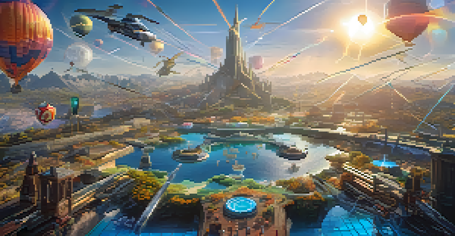 A digital landscape showing interconnected gaming worlds with a unique sword being transferred between games.