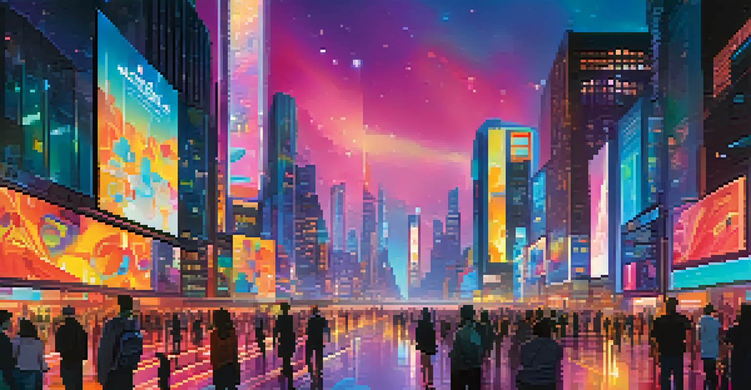 A futuristic city with a digital billboard showcasing vibrant NFT art against a night skyline.