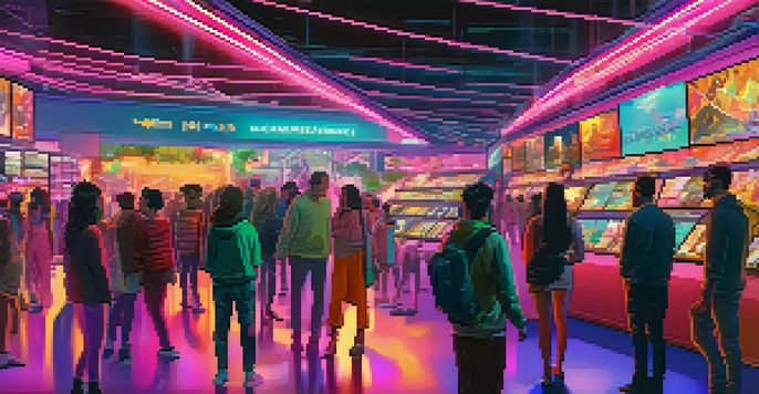 A lively digital marketplace filled with avatars and colorful holographic NFTs, illuminated by neon lights.