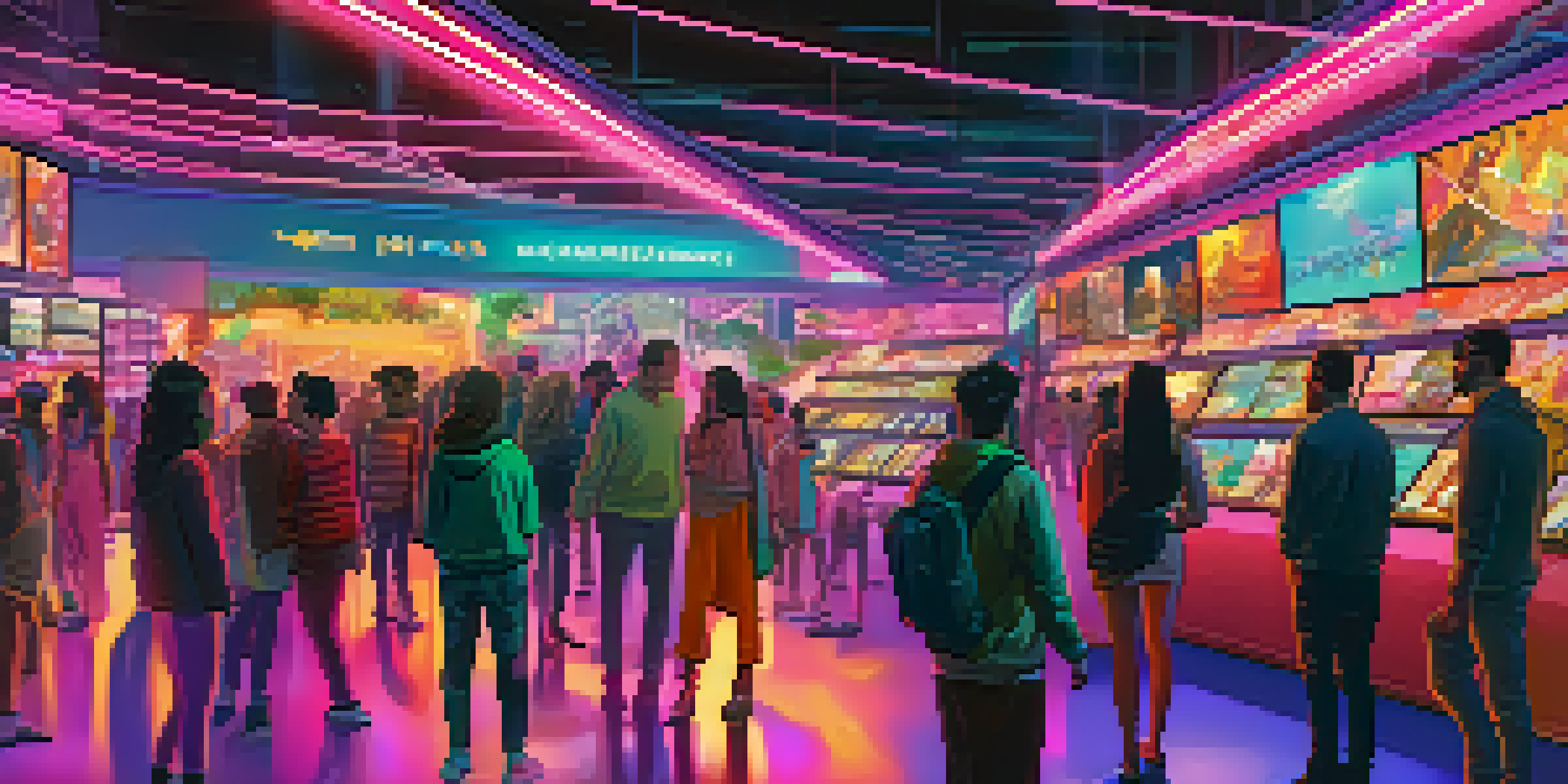 A lively digital marketplace filled with avatars and colorful holographic NFTs, illuminated by neon lights.