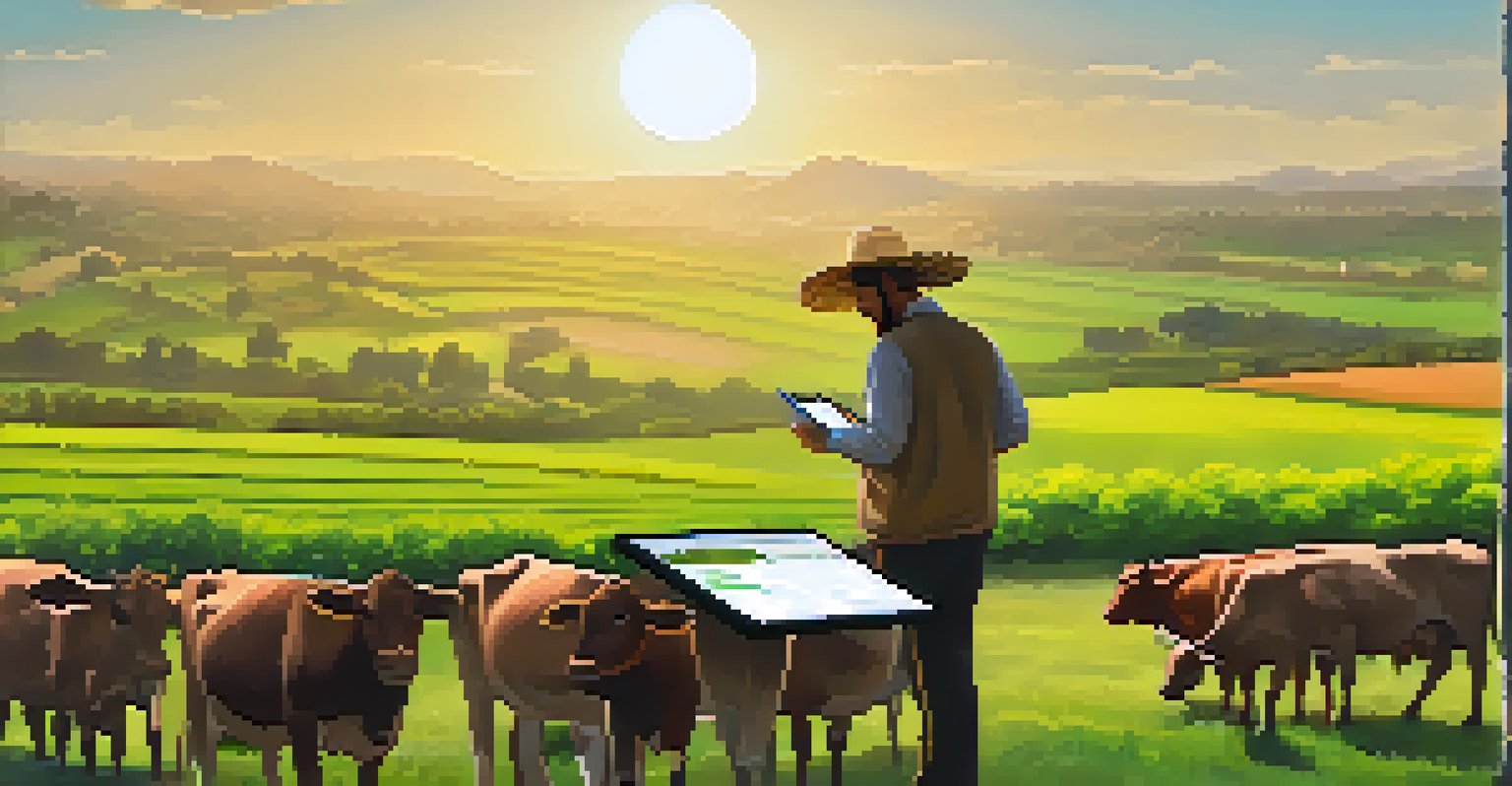 A farmer in a field looking at a tablet that shows tokenized cattle NFTs, representing financial inclusion.