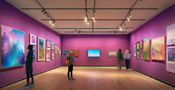 A virtual gallery filled with diverse artworks about mental health, illuminated with warm lighting and featuring engaged visitors.