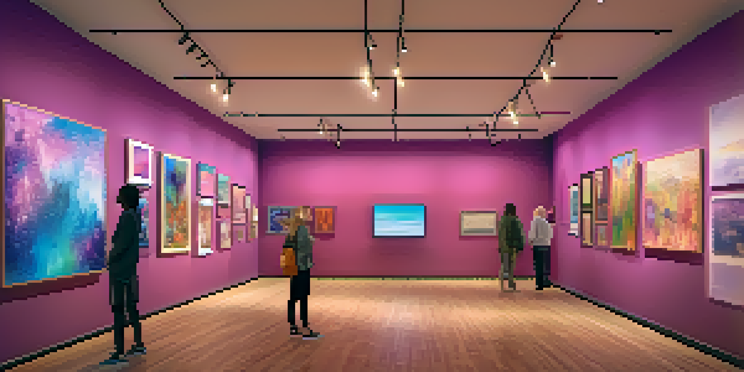 A virtual gallery filled with diverse artworks about mental health, illuminated with warm lighting and featuring engaged visitors.