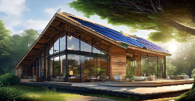 A modern sustainable building made from reclaimed wood, surrounded by greenery and solar panels, under a clear blue sky.