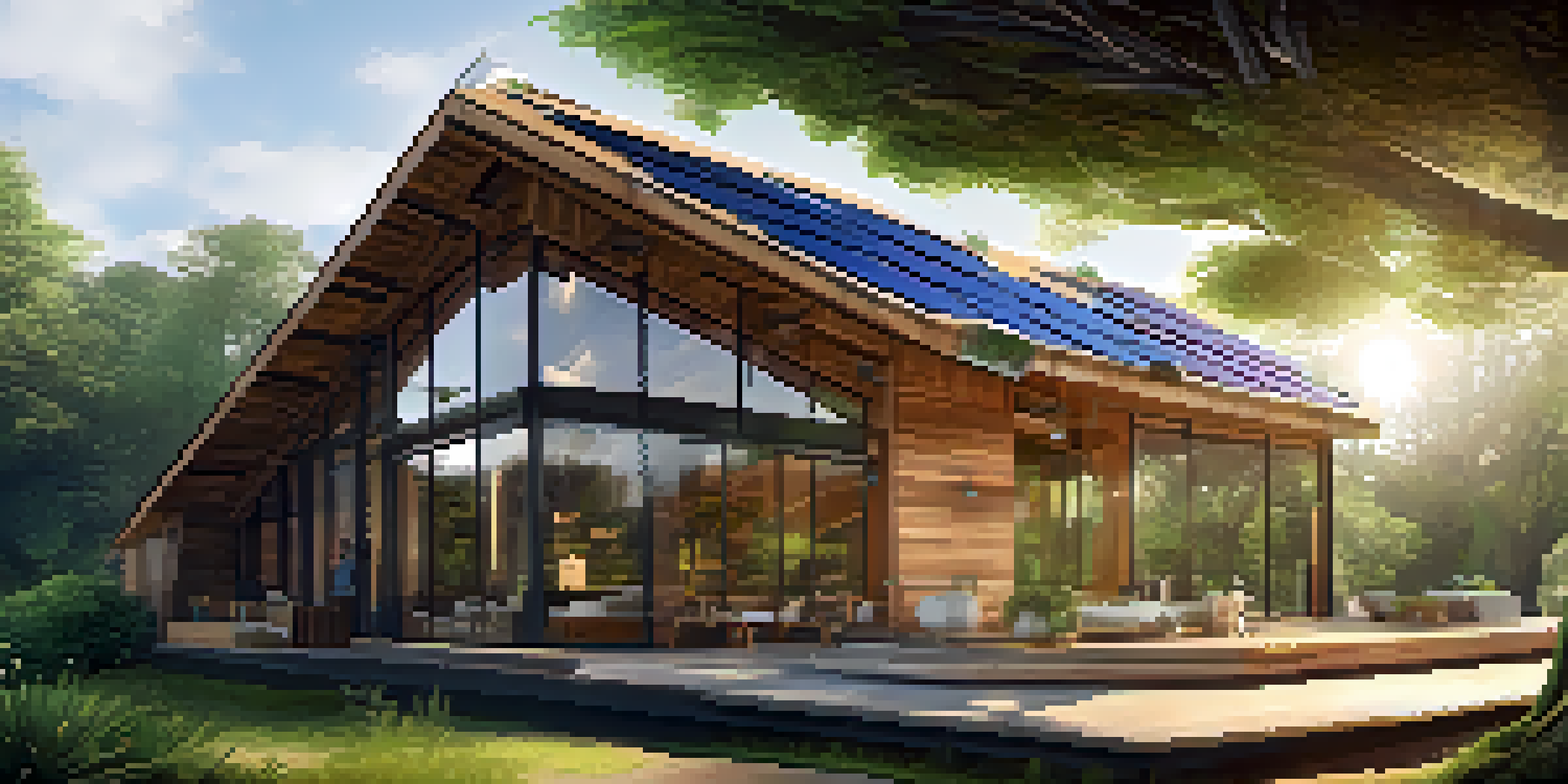 A modern sustainable building made from reclaimed wood, surrounded by greenery and solar panels, under a clear blue sky.