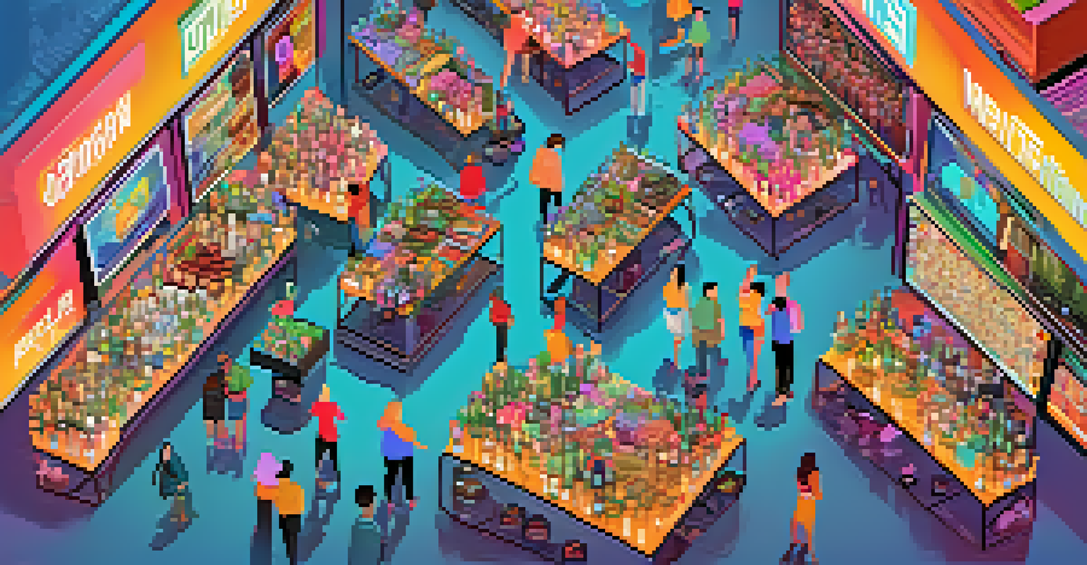 A vibrant digital marketplace with people interacting and screens displaying various NFTs.