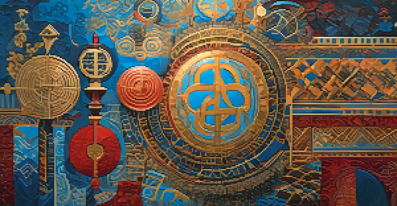 An abstract digital canvas filled with patterns and symbols representing diverse cultures and storytelling.