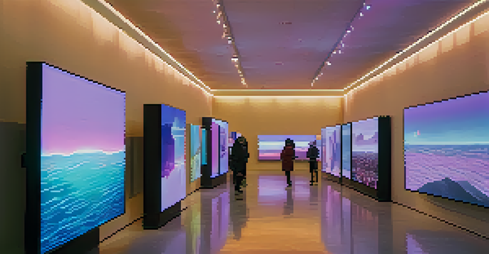 A futuristic art gallery filled with vibrant digital art NFTs, illuminated by soft ambient lighting, with visitors interacting with the displays.