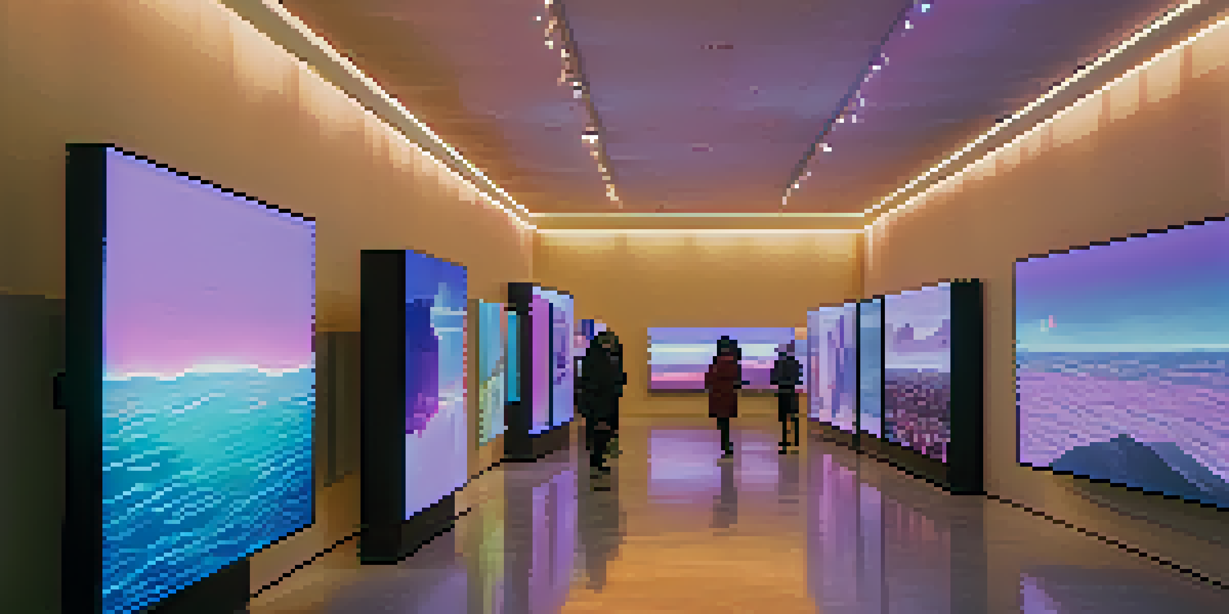 A futuristic art gallery filled with vibrant digital art NFTs, illuminated by soft ambient lighting, with visitors interacting with the displays.