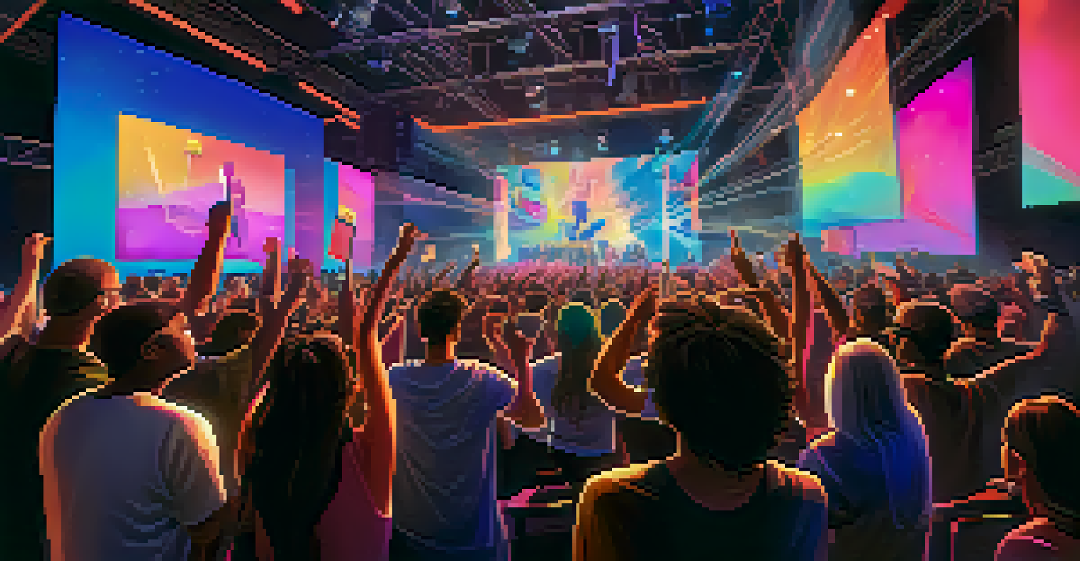 A virtual concert with attendees holding NFTs as tickets and colorful lights illuminating the stage.