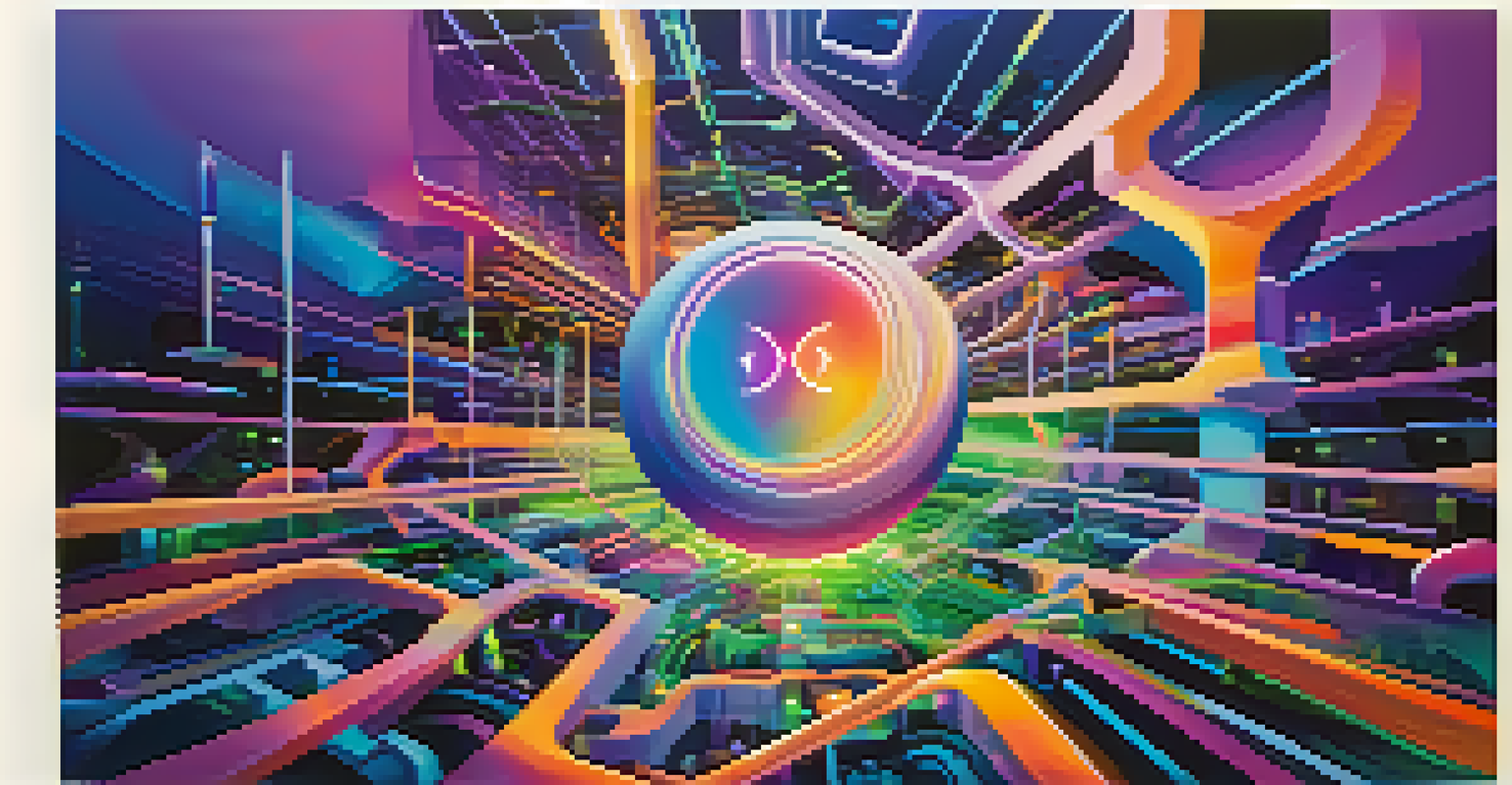An abstract representation of NFTs with a glowing token in a futuristic digital landscape filled with interconnected nodes and vibrant colors.