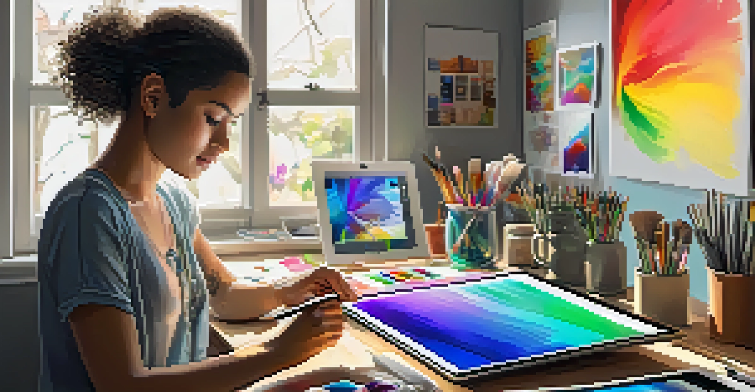 An artist working on a digital painting in a bright workspace, with digital tools and finished art on the walls.