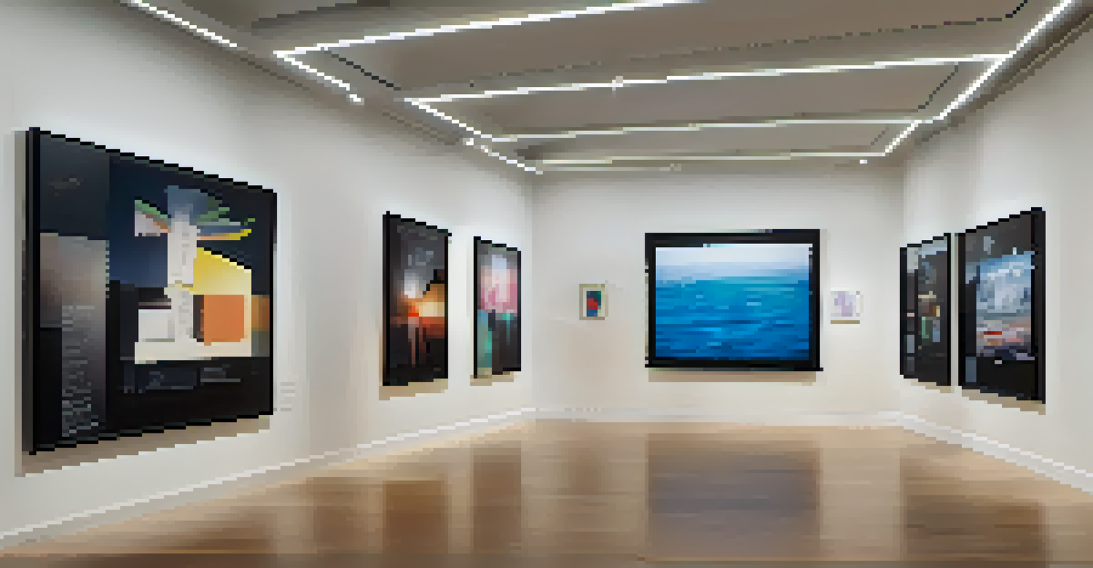 A gallery displaying various NFTs in digital frames with spotlights, featuring a contemporary design.
