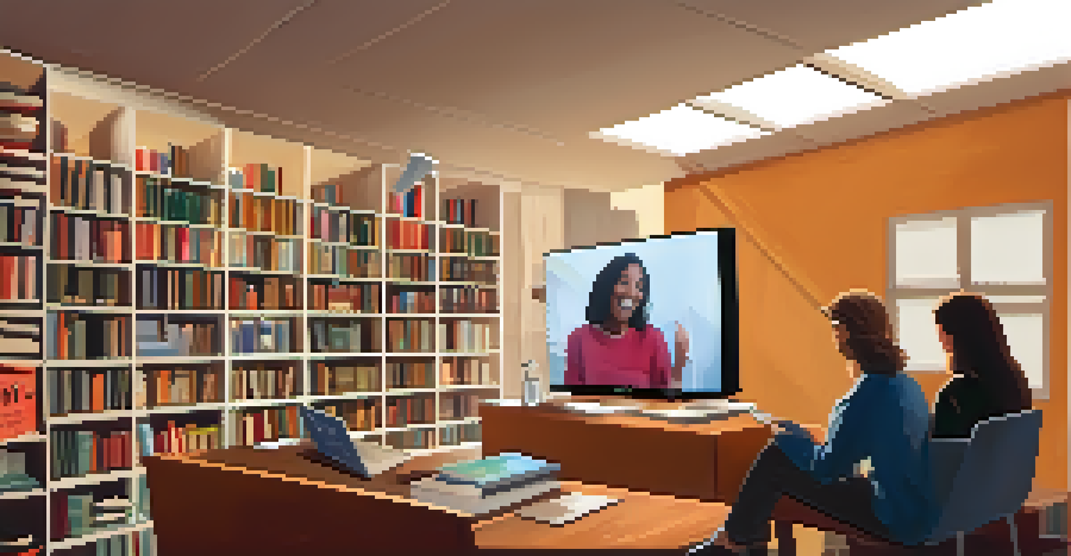 An author on a video call interacting with fans, with a bookshelf in the background and fans appearing in small windows around the main screen.