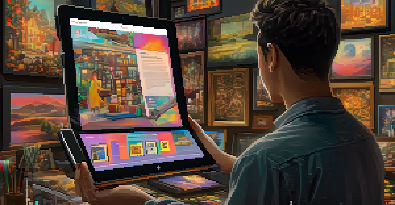 A person using a tablet to browse an NFT marketplace, surrounded by art pieces and tech gadgets in a warmly lit room.