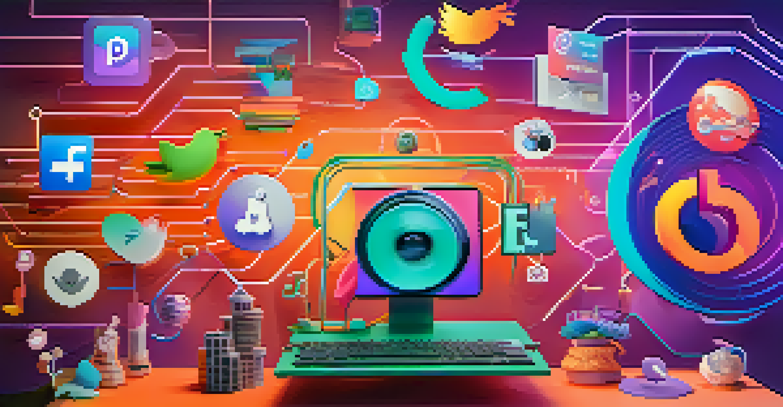 An artistic illustration of social media icons interconnected with lines of energy, surrounded by floating NFT artworks, representing the influence of social media on NFT trends.