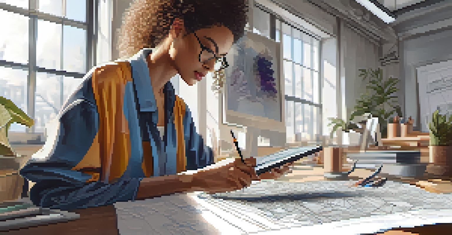 A fashion designer sketching on a digital tablet, surrounded by fabric swatches and technology, in a well-lit workspace.