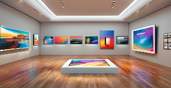 A digital art gallery showcasing various colorful NFTs on illuminated screens in a modern setting.