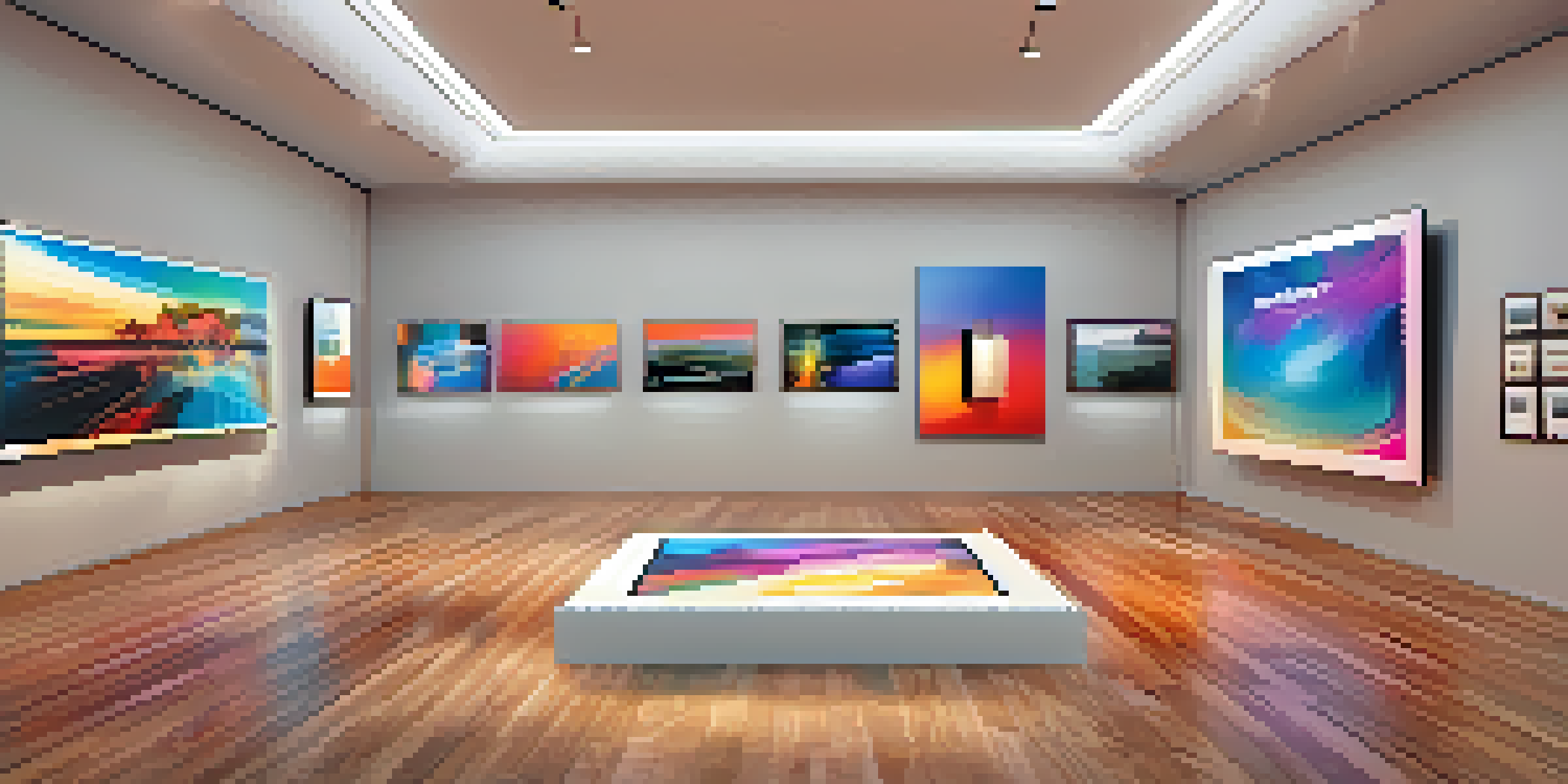 A digital art gallery showcasing various colorful NFTs on illuminated screens in a modern setting.