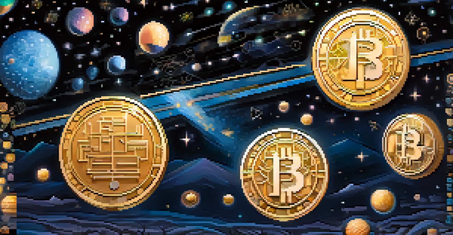 Glowing digital tokens representing NFTs, floating against a dark, starry background, each showcasing unique artwork.