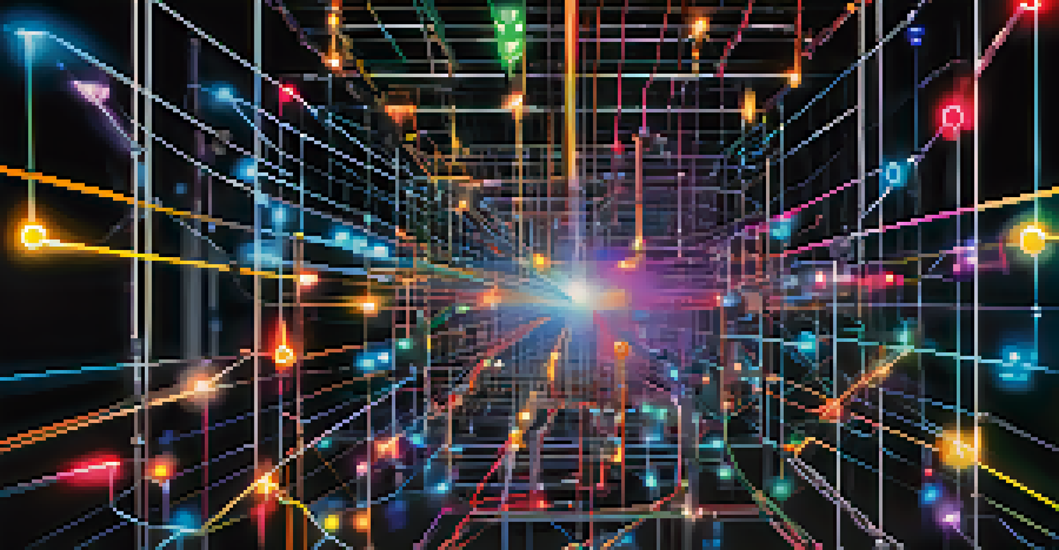 An abstract digital illustration of blockchain technology with glowing interconnected nodes and chains on a dark background, representing transparency and security.