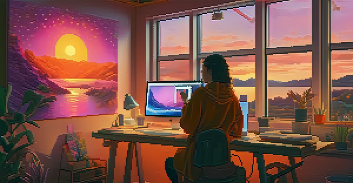 An artist in a cozy studio creating NFTs with colorful artwork on the walls and warm lighting.
