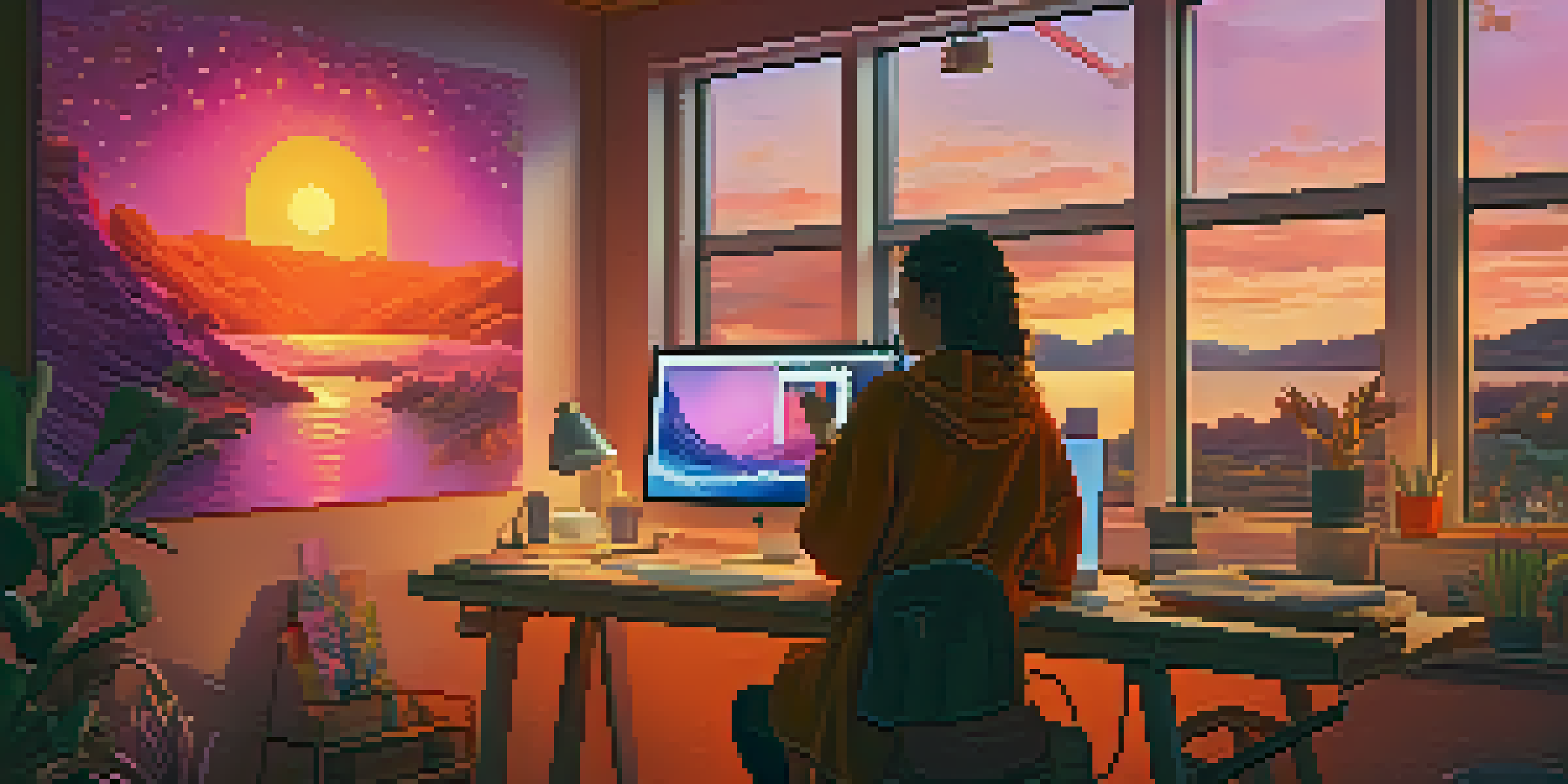 An artist in a cozy studio creating NFTs with colorful artwork on the walls and warm lighting.