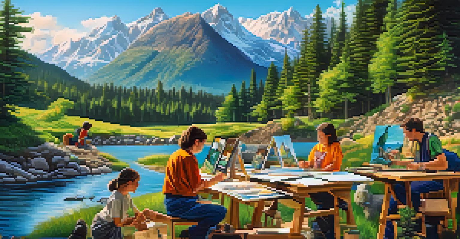 A scene of artists creating artworks in nature, surrounded by their NFT pieces, with mountains and rivers in the background.