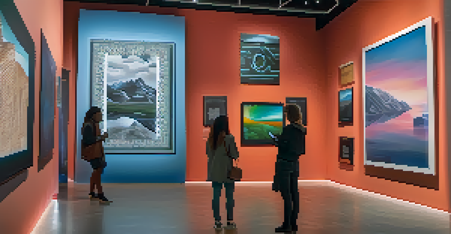 A visitor scanning a QR code beside a painting in a modern museum, activating an interactive augmented reality experience.